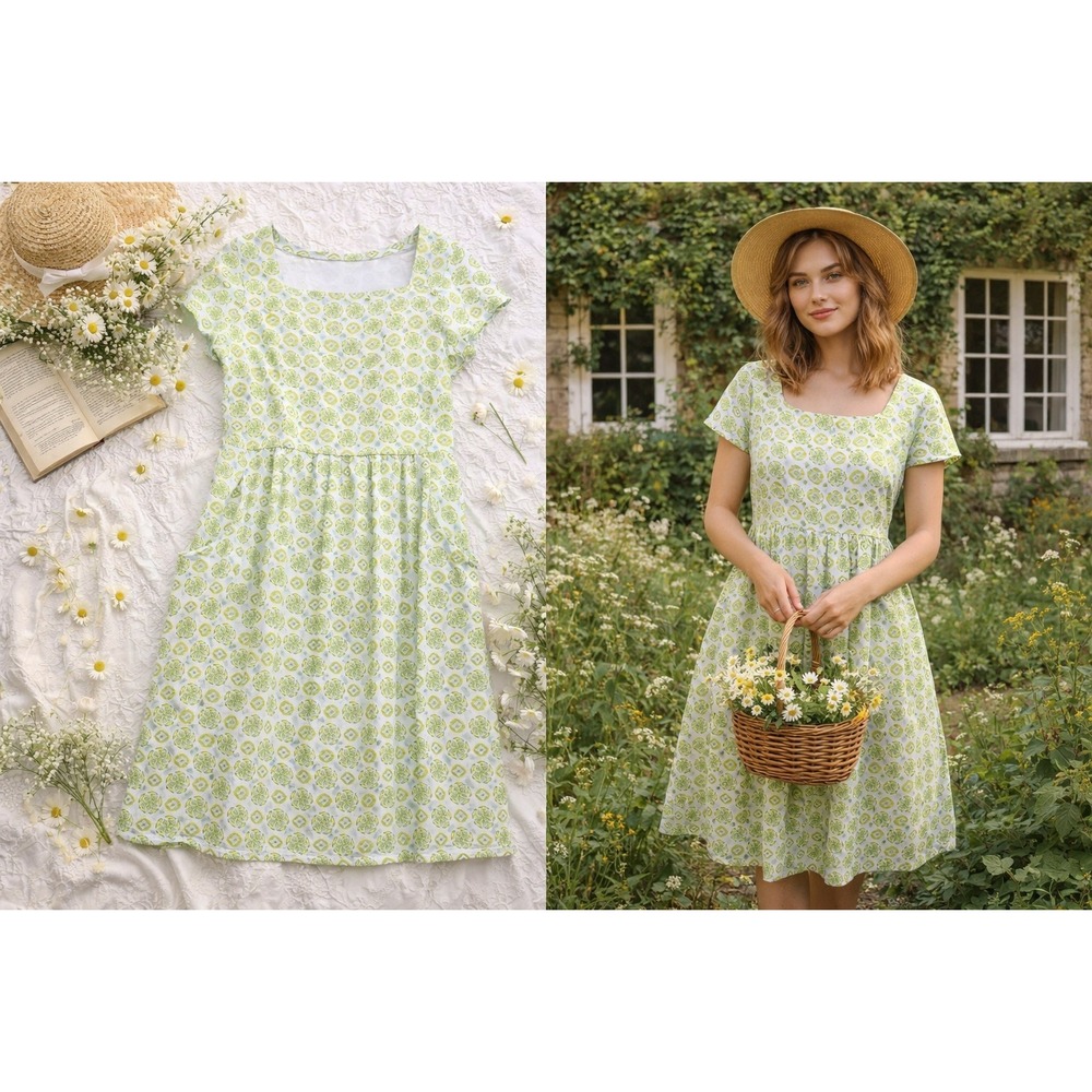 J.McLaughlin Green Floral Pocket Dress | Cottagecore Flare Dress Size M